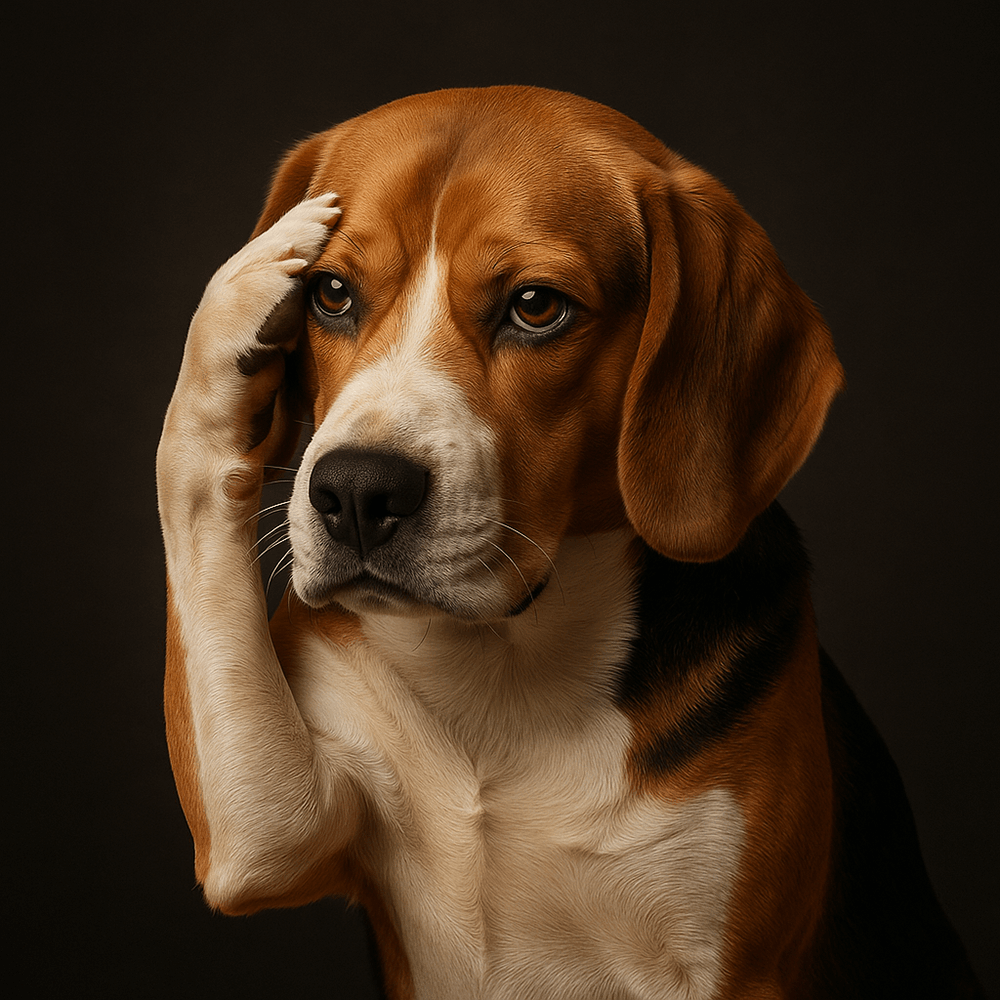 Dog with a paw resting on its head and a thoughtful look against a dark background